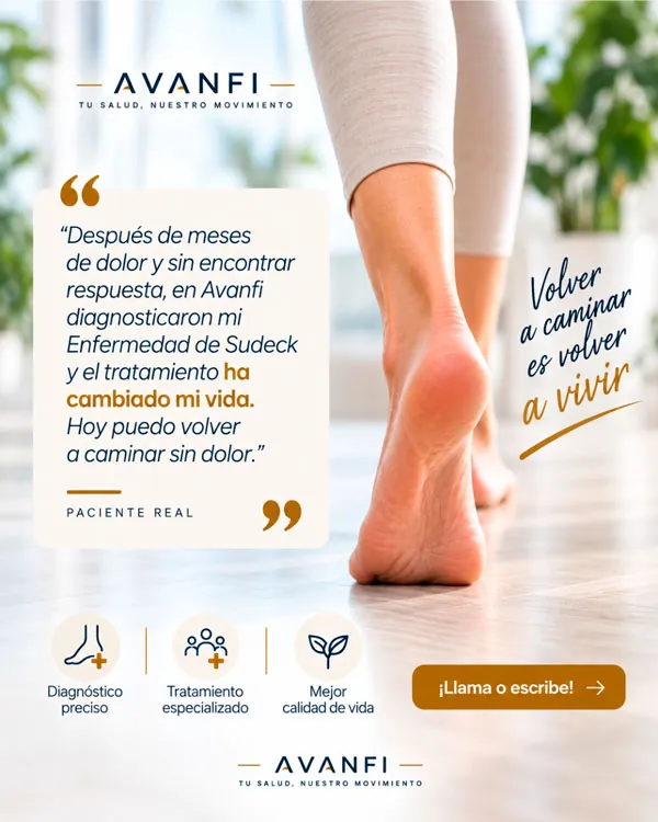 Diseño de Avanfi con una persona caminando y una cita sobre enfermedad de Sudeck